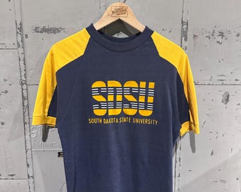 Vintage 70s Navy/yellow Champion Blue Bar Ringer SDSU South Dakota
