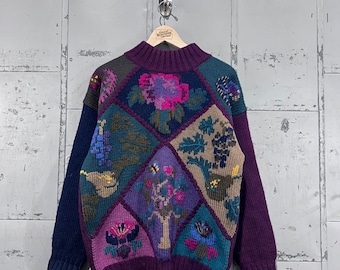 Vintage Eddie Bauer floral sweater chunky hand knit 100% wool women’s medium