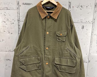 Vintage 90er Jahre Poloshirt von Ralph Lauren Waldgrüne Baumwollsegeltuch Rustikal Americana Jagd Gemütliche Barn Chore Jacke XXL