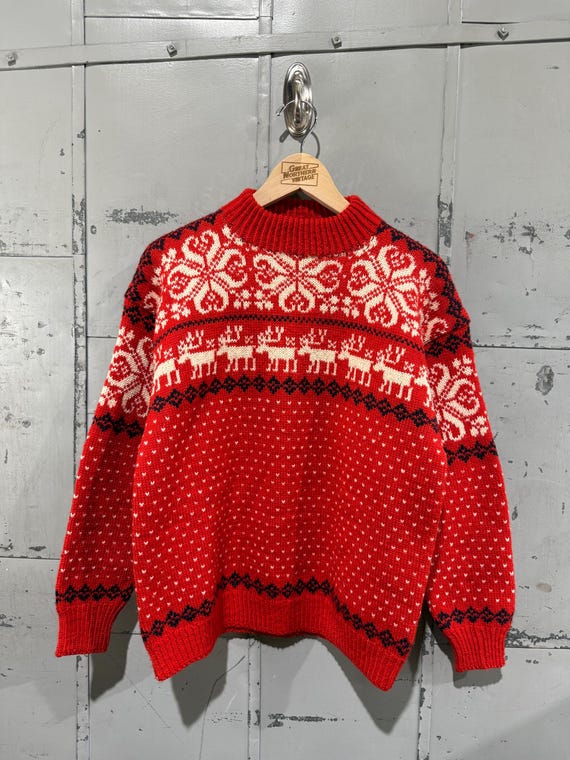 Maglione rosso vintage norvegese con motivo a renne, pullover da