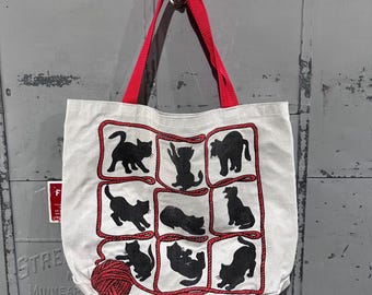 Vintage 90s Rustic Cotton Canvas Artistic Cat Lover Patchwork Cats Tote Bag Accessory