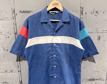 Vintage 70s Sea Isle by Arrow Cotton Blend Yacht Vibes Loop Collar Speckled Striped Short Sleeve Button Up Shirt Open Collar Medium