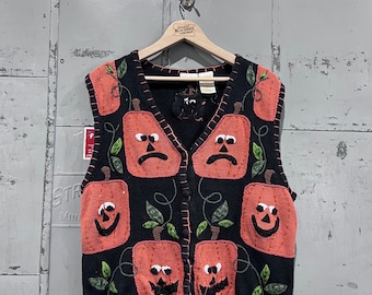 90s Halloween pumpkin  picture Knit vest Sweater Fall Outdoors Autumn  Cute