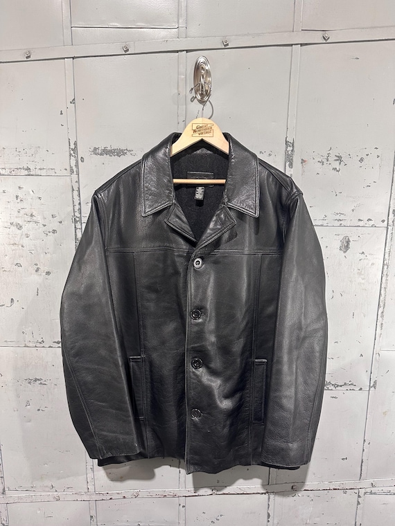 Vintage 90s J.Crew Black Label Leather Wool Lined Classy Pullover Worn In Leather Jacket Large