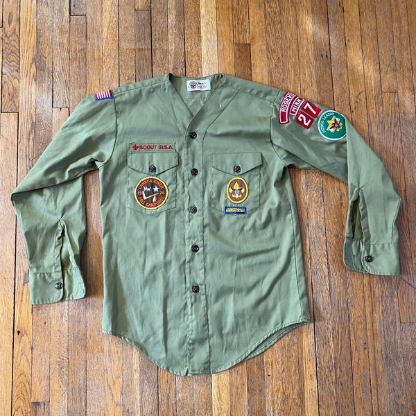 70’s Boy Scout Shirt Army Green Button Up with Patches