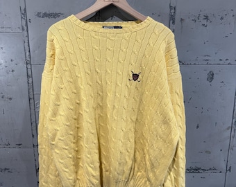 Vintage 90s Yellow Ralph Lauren Polo Golf Sweater Cable Knit Cotton Traditional Jumper XL