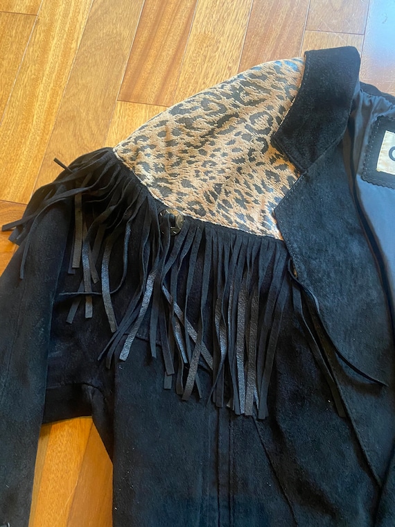 80’s suede fringe cheetah print jacket blazer - image 3