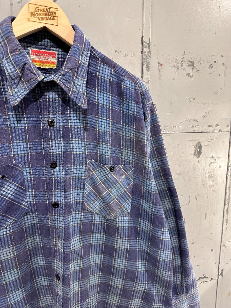 Pu&ograve; includere: Una camicia a maniche lunghe abbottonata con un motivo a quadri blu e azzurro. La camicia presenta un colletto a punta, due tasche sul petto con chiusura a bottone e un'etichetta rossa e bianca sul collo con la scritta Flannelcraft.