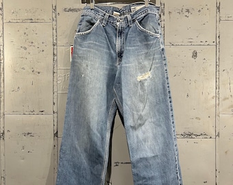 Jeans Gap Worker dos anos 90, jeans desgastado, largo, lavagem clara, pintura carpinteiro 32x31