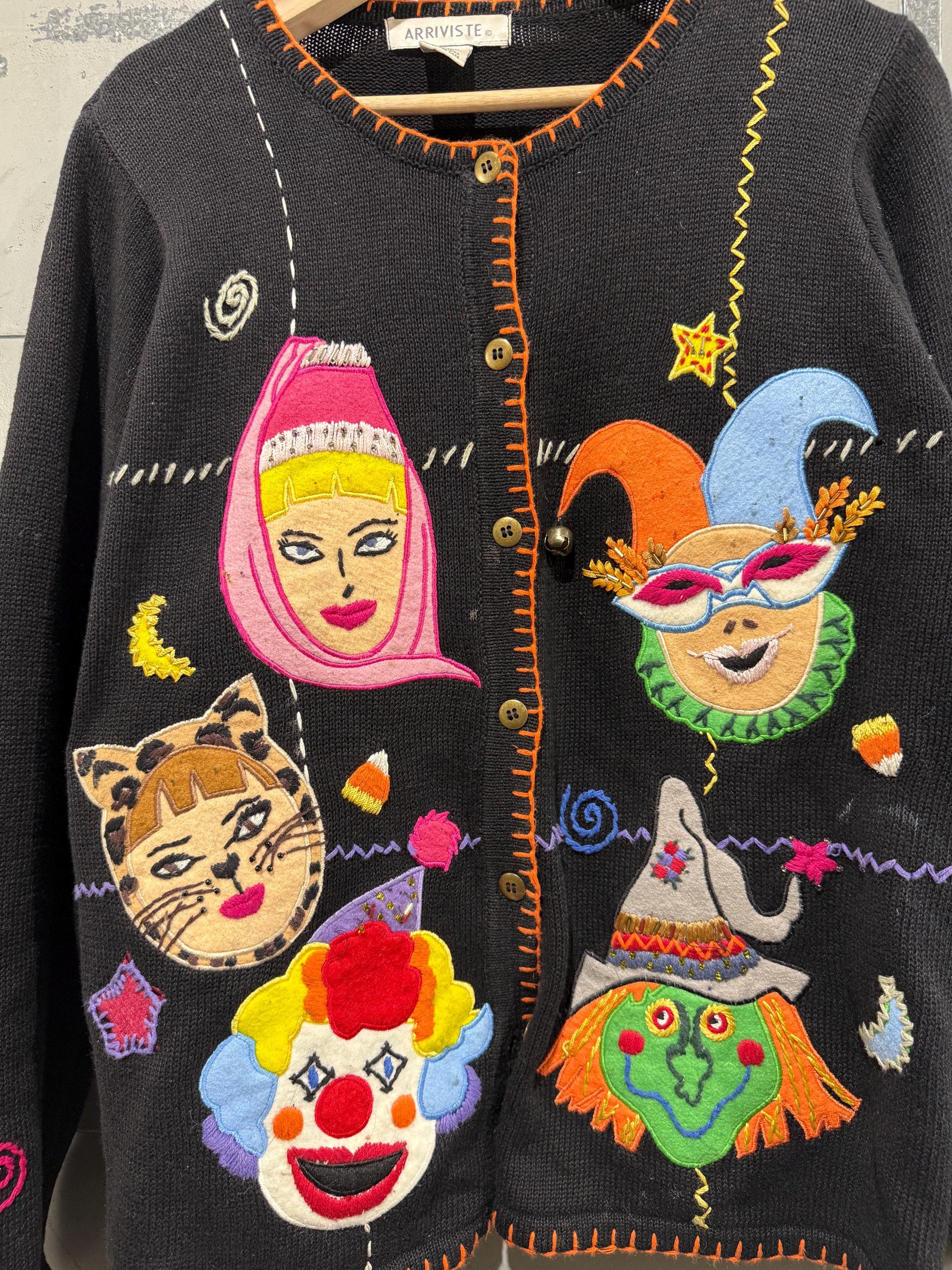 Vintage 90s Halloween Picture Knit Cardigan Sweater Fall Costume