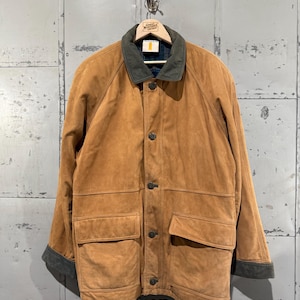 Vintage Leather Chore Jacket Barn Coat Flannel lined Barn Leather Collar Brown Large