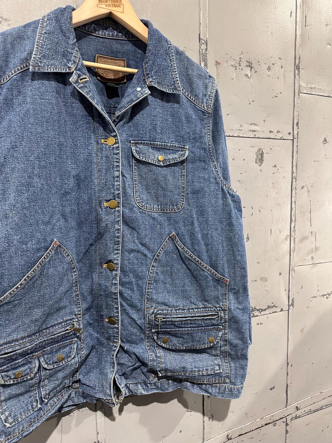 Vintage 90s Women's Lauren by Ralph Lauren Denim Americana Utility Multi Pocket Barn Chore Jacket Large, foto 3 di 5