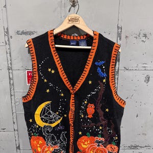 Vintage 90s Halloween Cute Black Cat Pumpkin Autumn Outdoor Grandma Ugly Picture Knit Sweater Vest XL
