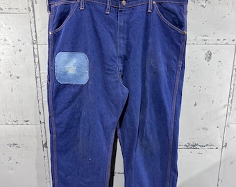 Farm Wear Repariert Echte Vintage 70er Jahre Wrangler Dark Wash Blue Jeans 42x30 Baggy Fit Distressed thrashed Carpenter Nutzen Arbeitskleidung