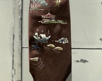 Vintage Silk Hand Painted Souvenir Neck Tie Japanese Rockabilly 40s 50s