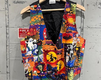 Vintage 90s Halloween vest pumpkin Frankenstein vest teacher Sweater Fall Outdoors Autumn  Cute  witch skeletons