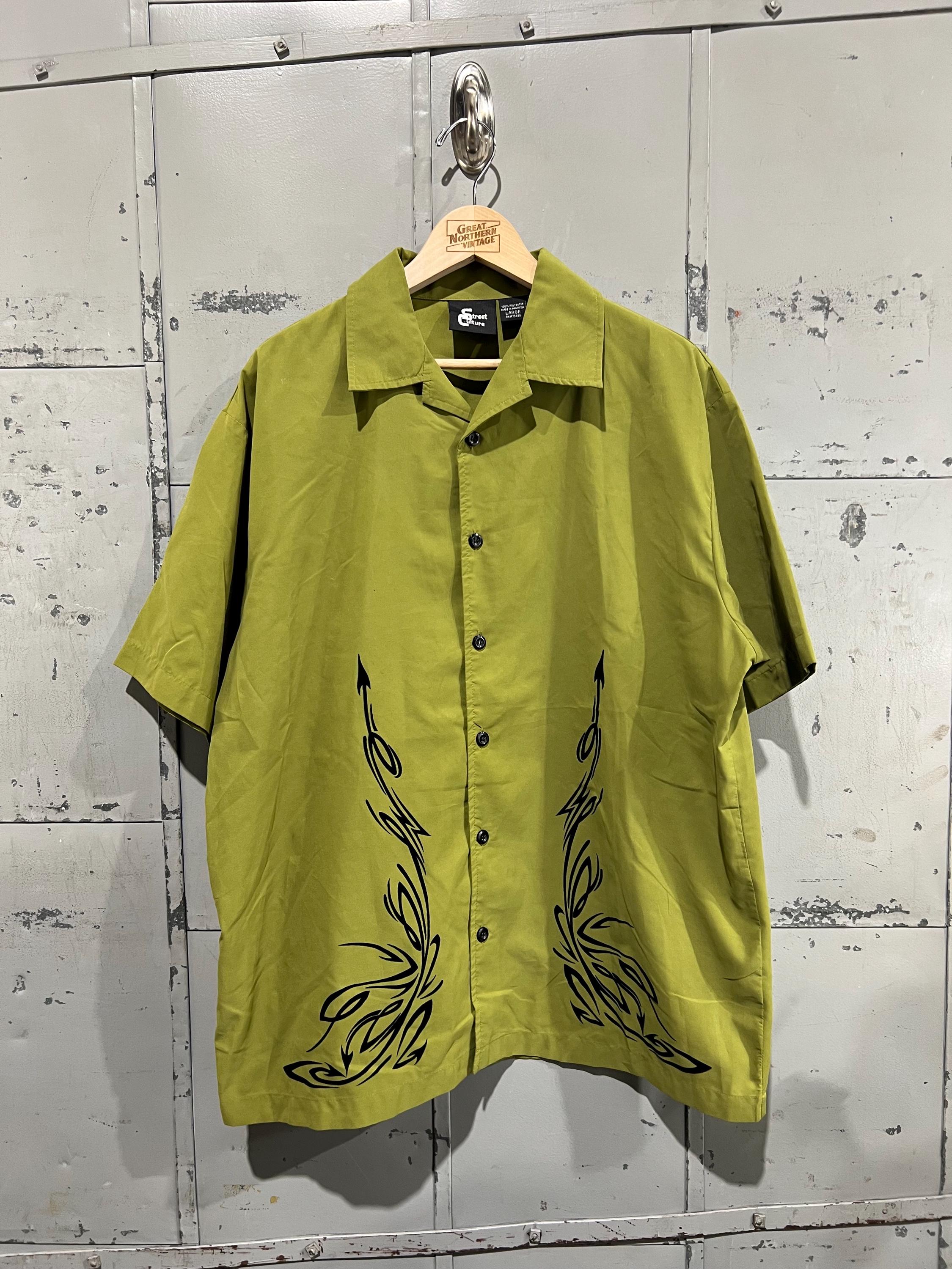L Y2k Green Tribal Open Collar Button up Shirt Printed Funky Cyber