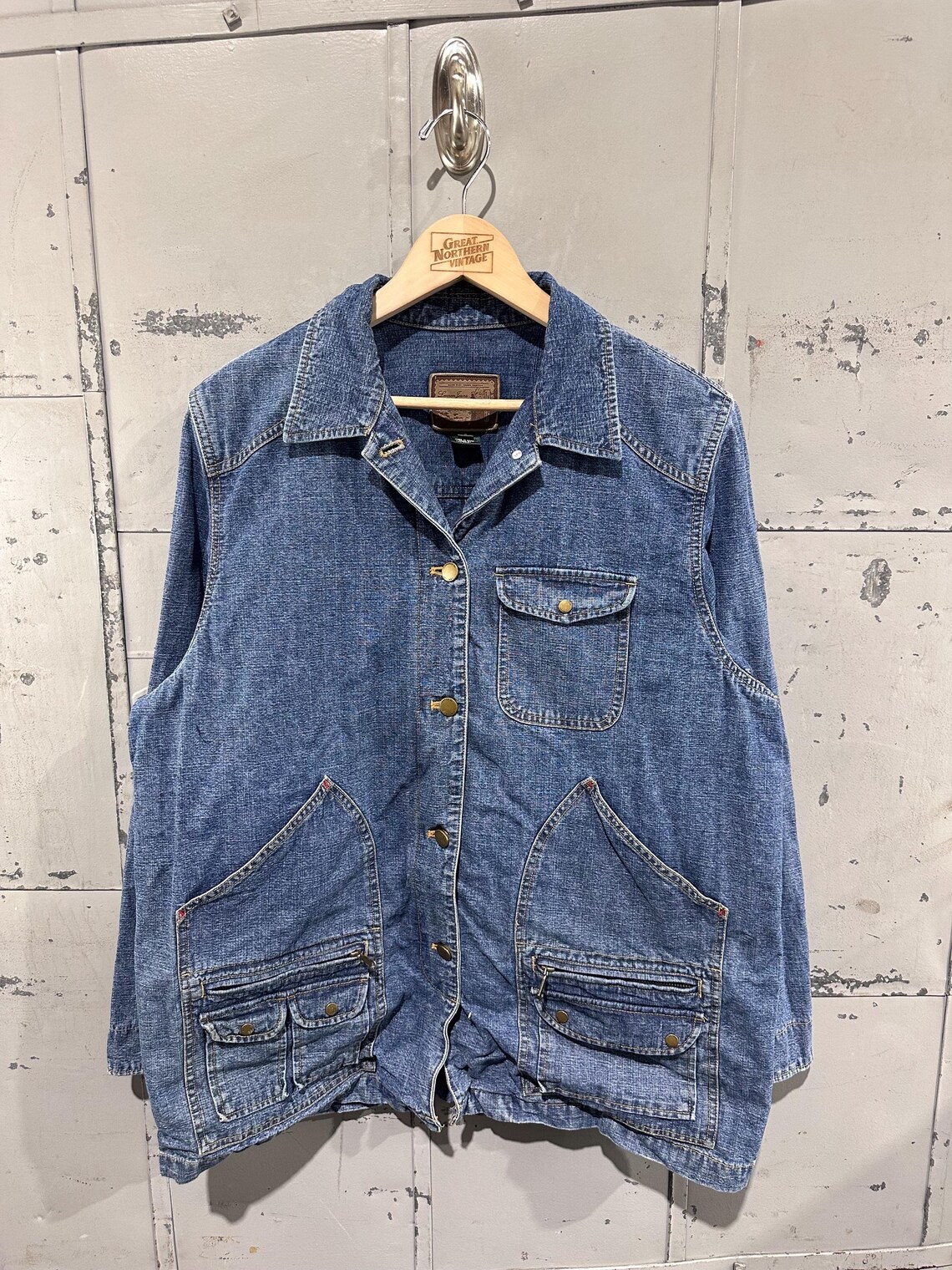 Vintage 90s Women's Lauren by Ralph Lauren Denim Americana Utility Multi Pocket Barn Chore Jacket Large, foto 1 di 5