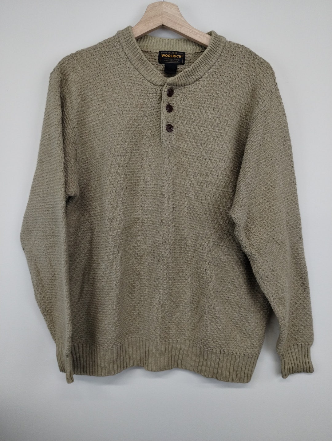 M 80s Woolrich Henley Knit Sweater Brown Cotton 1990s 1980s Medium ...