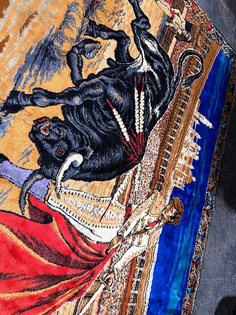 Vintage MCM Mid Century Velvet Tapestry Spain Spanish Bull Matador ...