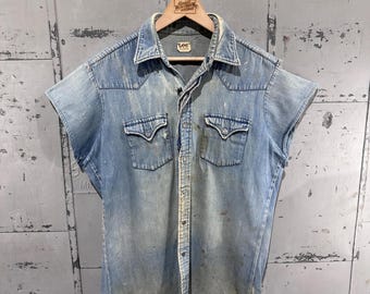 Camisa jeans Lee Brand estilo western cowgirl, vintage autêntica dos anos 60, com efeito desgastado e mangas curtas, tamanho médio.