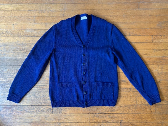 60s Handmade Navy Wool Cardigan Sweater - image 1