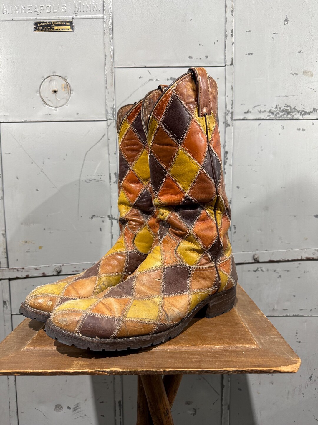 Size 10.5 Mens Leather Patchwork Cowboy Boots Hippie Style  display picture 2