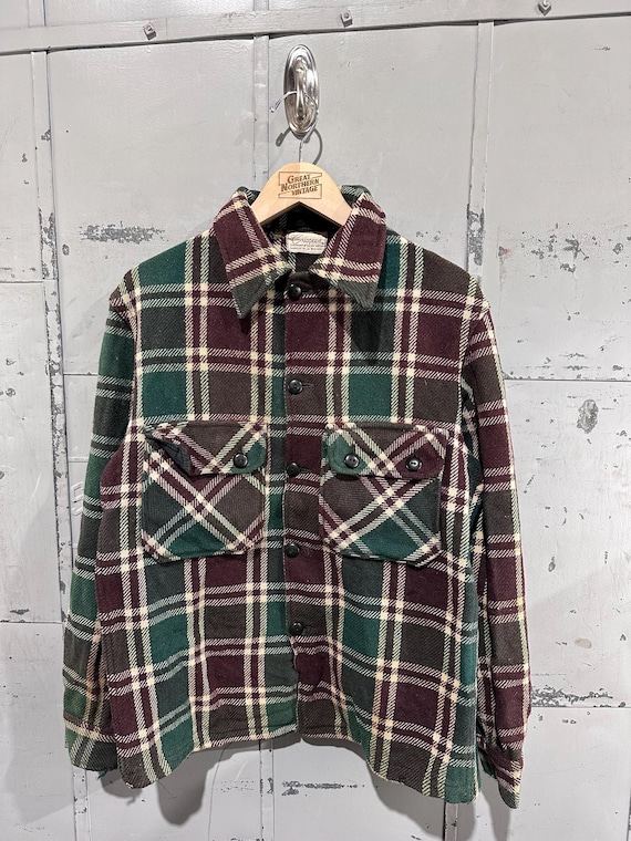 Chippewa, True Vintage 50s Chippewa Wool Hunting Jacket Earth Tone Autumn Essential Forest Green and Brown Plaid Button Up Flannel Shirt Medium