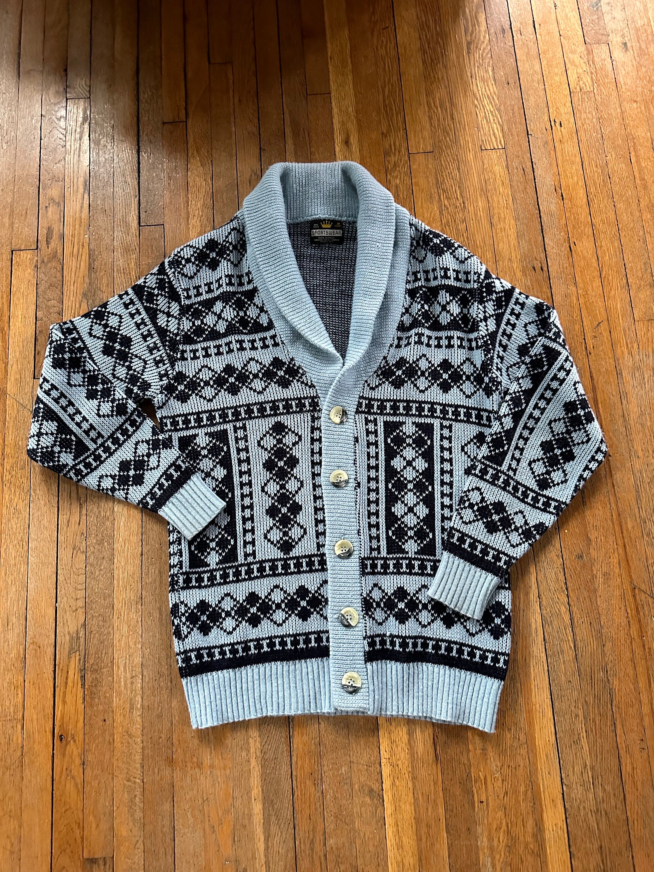 Vintage 70s Cardigan Sweater Shawl Collar Patterned Bug Vintage 70s Cardigan Sweater Shawl Collar Patterned Bug