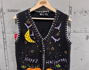 Edizioni natalizie vintage anni '90, Buon Halloween, Zucche carine, Scena notturna, Autunno, All'aperto, Nonna, Immagine brutta, Maglione gilet lavorato a maglia, Piccolo