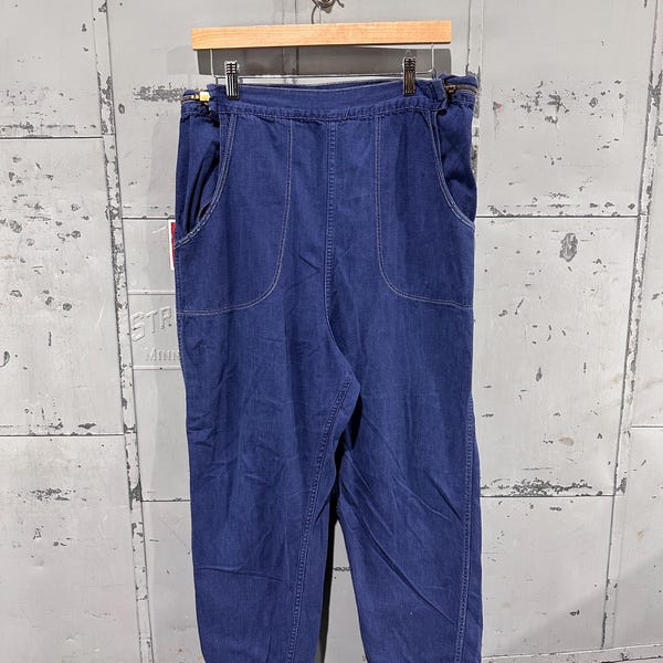 Jeans vintage anni '50 in denim leggero Indigo Utility Farm Wear con cerniera laterale 35x24