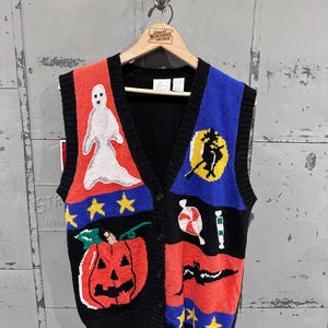 90年代ヴィンテージ ハッピーハロウィン かわいいパッチワーク カボチャ＆ゴースト 秋 アウトドア おばあちゃん 醜い絵柄 ニット セーター ベスト ミディアム