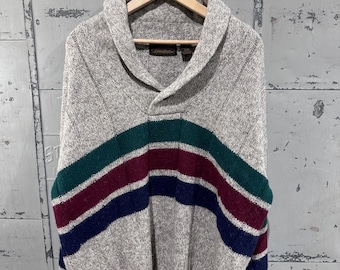 Vintage 80s Eddie Bauer Essential Wool Knit Stripped Outdoor Shawl Collar Pullover Sweater XL