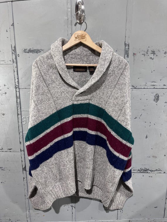 Vintage 80s Eddie Bauer Essential Wool Knit Stripped Outdoor Shawl