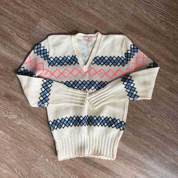 50s/60s Pilgrim Argyle Wool V-Neck Cream Sweater