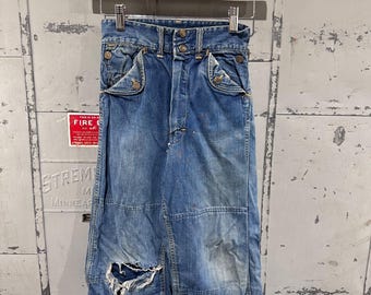 Vintage 50s Kids Repaired Distressed Utility Workwear Denim Jeans by HeadLight carpenter farmer