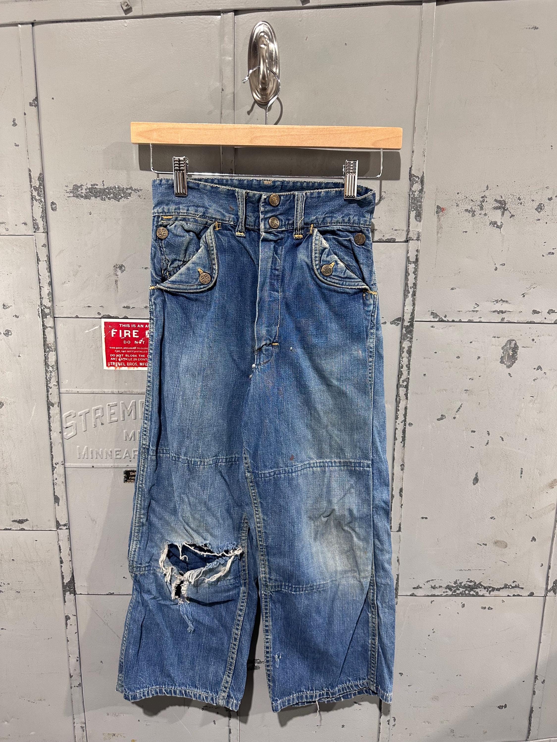 Vintage 50s Kids Repaired Distressed Utility Workwear Denim Jeans