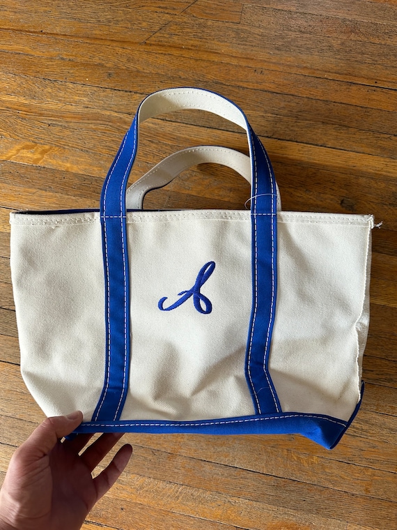 90s LL Bean Boat and Tote Bag Blue White Canvas Beach Bag 