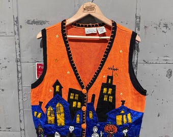 Vintage 90er Jahre Halloween Süß Süßes oder Saures Kostüme Herbst Outdoor Oma Hässliches Bild Strickpullover Weste XL