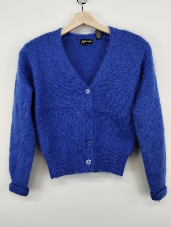 S 90s Jeanna Pierre Mohair Blue Knit Cardigan Acr… - image 1