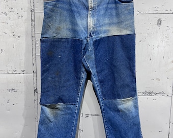 38 taille jaren 70 gepatchte kostuum wrangler jeans rechte pijp pasvorm klassiek merk jaren 1970 mode gemaakt in de VS streetwear broek 38 taille bedroefd