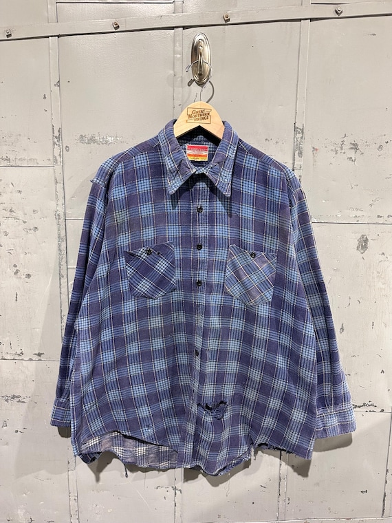 True Vintage 70s Flannel Craft Brand All Cotton Thrashed Distressed Zombie Costume Plaid Flannel Shirt XL