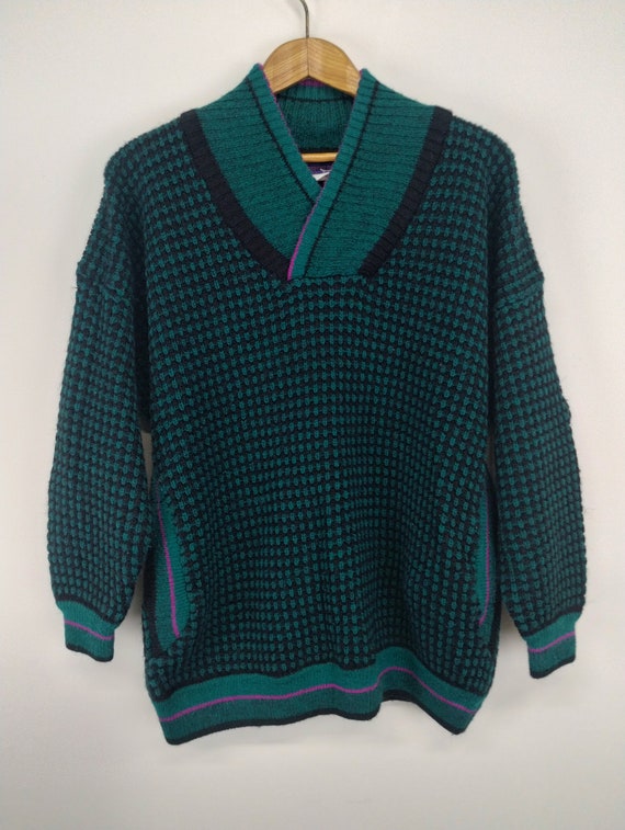 L 80s Espirit Sports Shawl Collar Green Knit Swea… - image 1