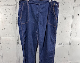 True Vintage 50s Blue Bell Brand Lightweight Dark Denim Indigo Contrast Stitching Utility Farm Wear Side Zip Jeans 42x29