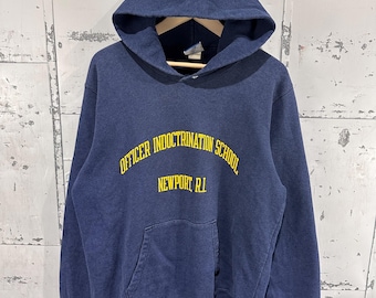 Sudadera con capucha vintage de los 90 de la marca Champion, color azul marino jaspeado, estilo escuela de entrenamiento militar OIS, talla 2XL.