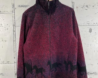 L 90s Horse fleece jacket full zip printed fleece red black