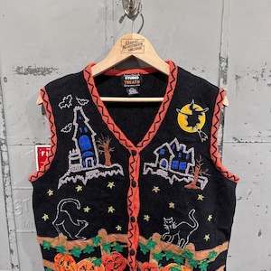 Vintage 90s Studio Treats Halloween Cute Pumpkins & Haunted House Autumn Outdoor Grandma Ugly Picture Knit Sweater Vest Cats Large