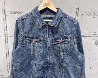 Vintage 90er Jahre Distressed Cropped Boxy Ralph Lauren Damen Dark Wash Indigo Denim Trucker Zip Up Jeansjacke