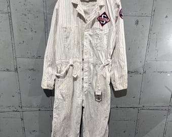 Echte vintage jaren 50 Lee merk katoenen HBT sanforized vakbondsgemaakte gestreepte Skelly Oil Company servicepak werkoverall maat 44L