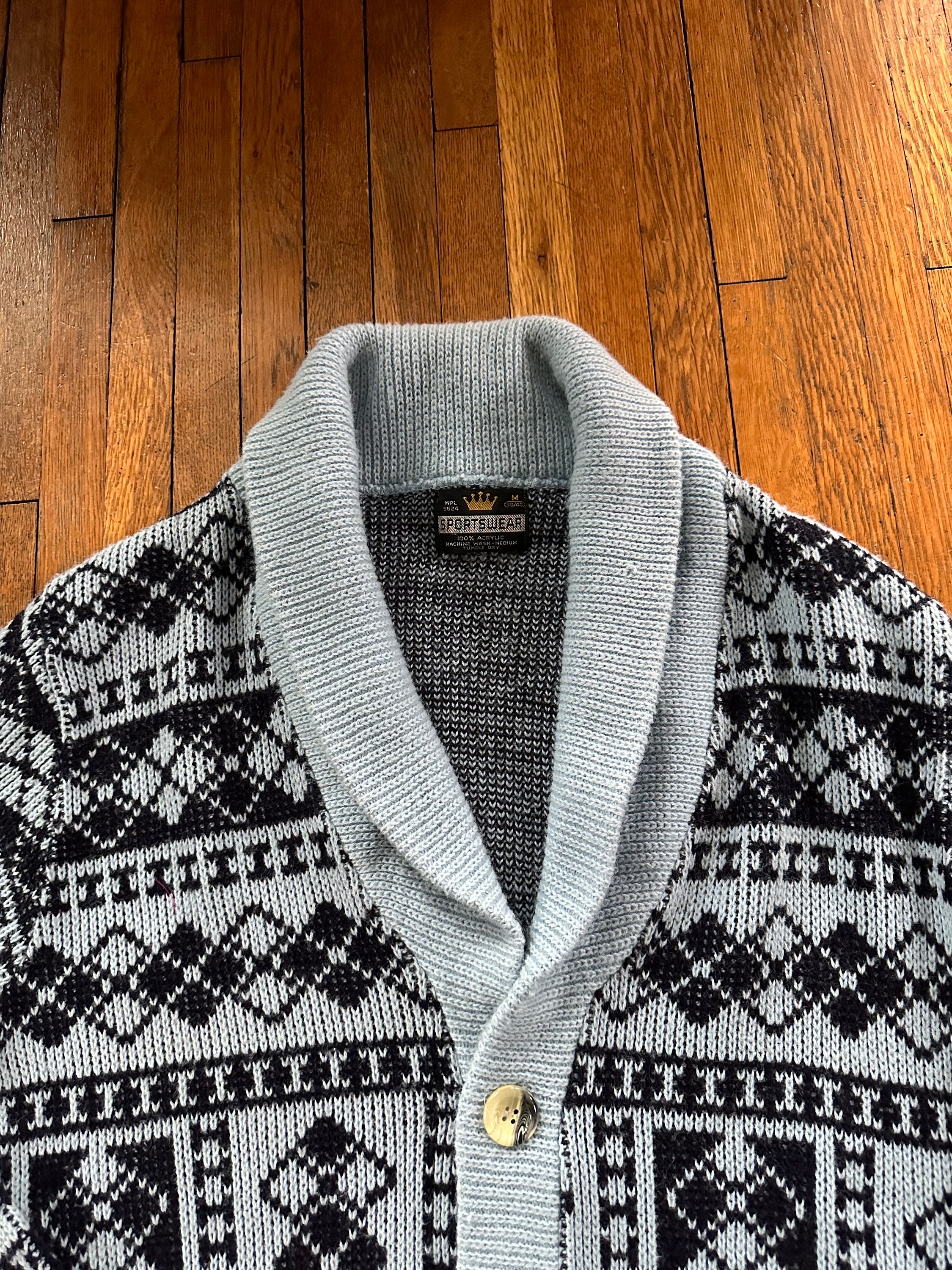 Vintage 70s Cardigan Sweater Shawl Collar Patterned Bug Vintage 70s Cardigan Sweater Shawl Collar Patterned Bug